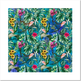 Cute tropical floral leaves botanical illustration, tropical plants,leaves and flowers, blue turquoise leaves pattern Over a Posters and Art